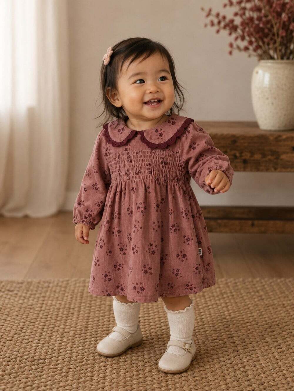 Rabbit + Bear Organic Baby Girls Corduroy Floral Smocked Dress 12M Cottagecore